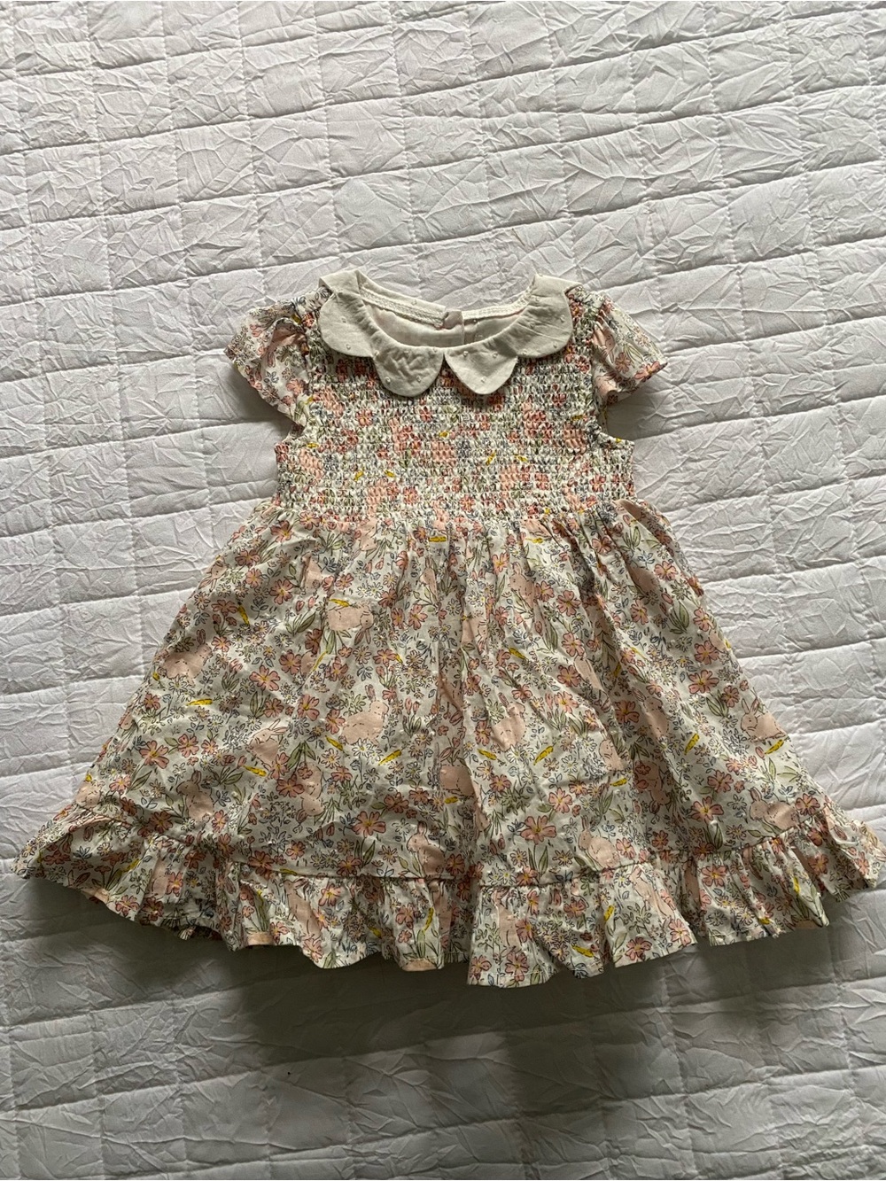 Haute Hippie Floral Smocked Cotton Kids Dress with Peter Pan Collar - Pink